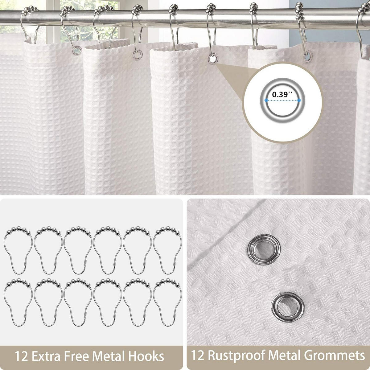 DUSCHVORHANG Weiß Waffelstruktur dick Polyester schimmelresistent wasserdicht mit Ringen - Weiß, Textil (200/0.5cm) - MCBOSON