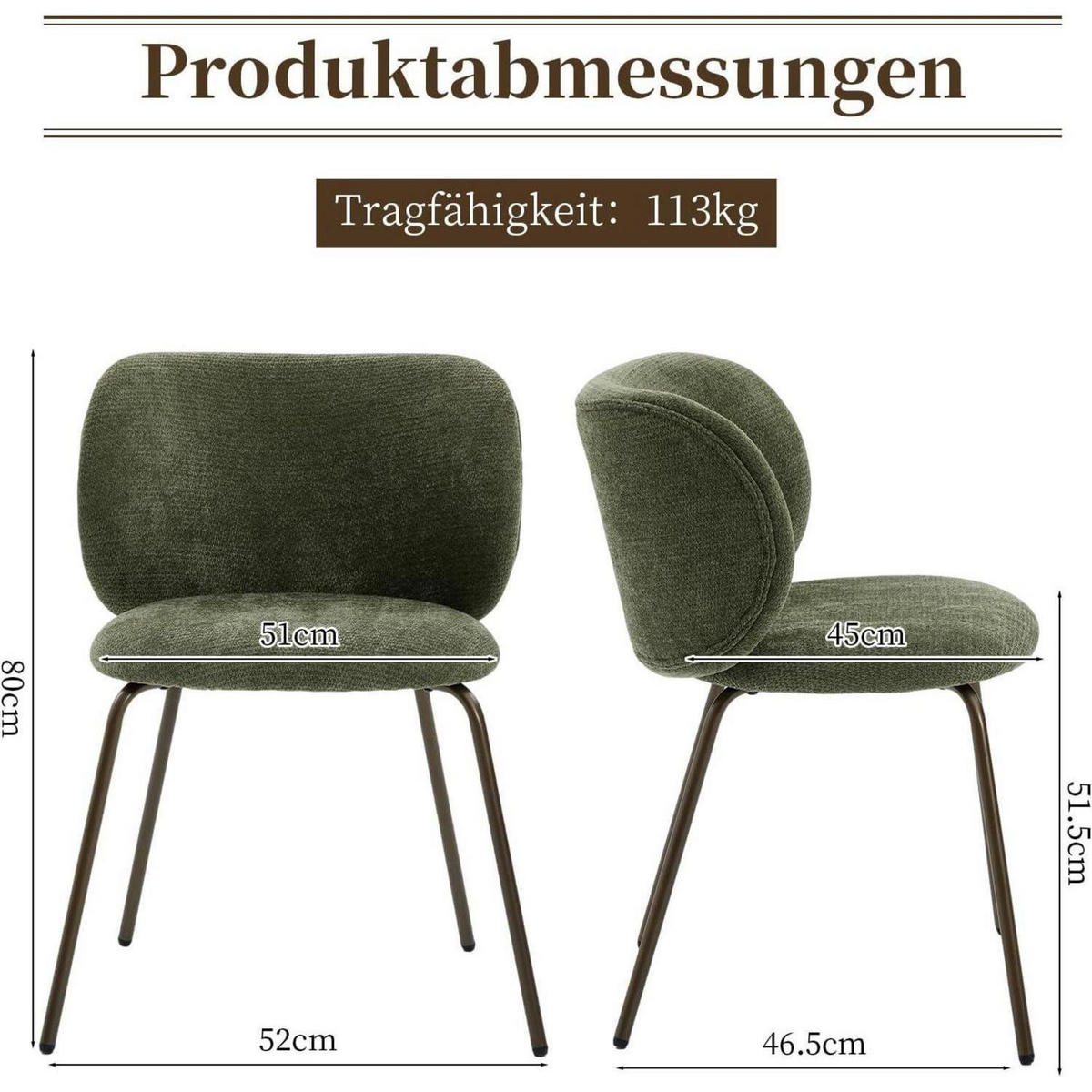 ESSZIMMERSTUHL 1er Set Chenille Olivgrün mit Metallbeinen - Olivgrün, Textil (52/80/46.5cm)