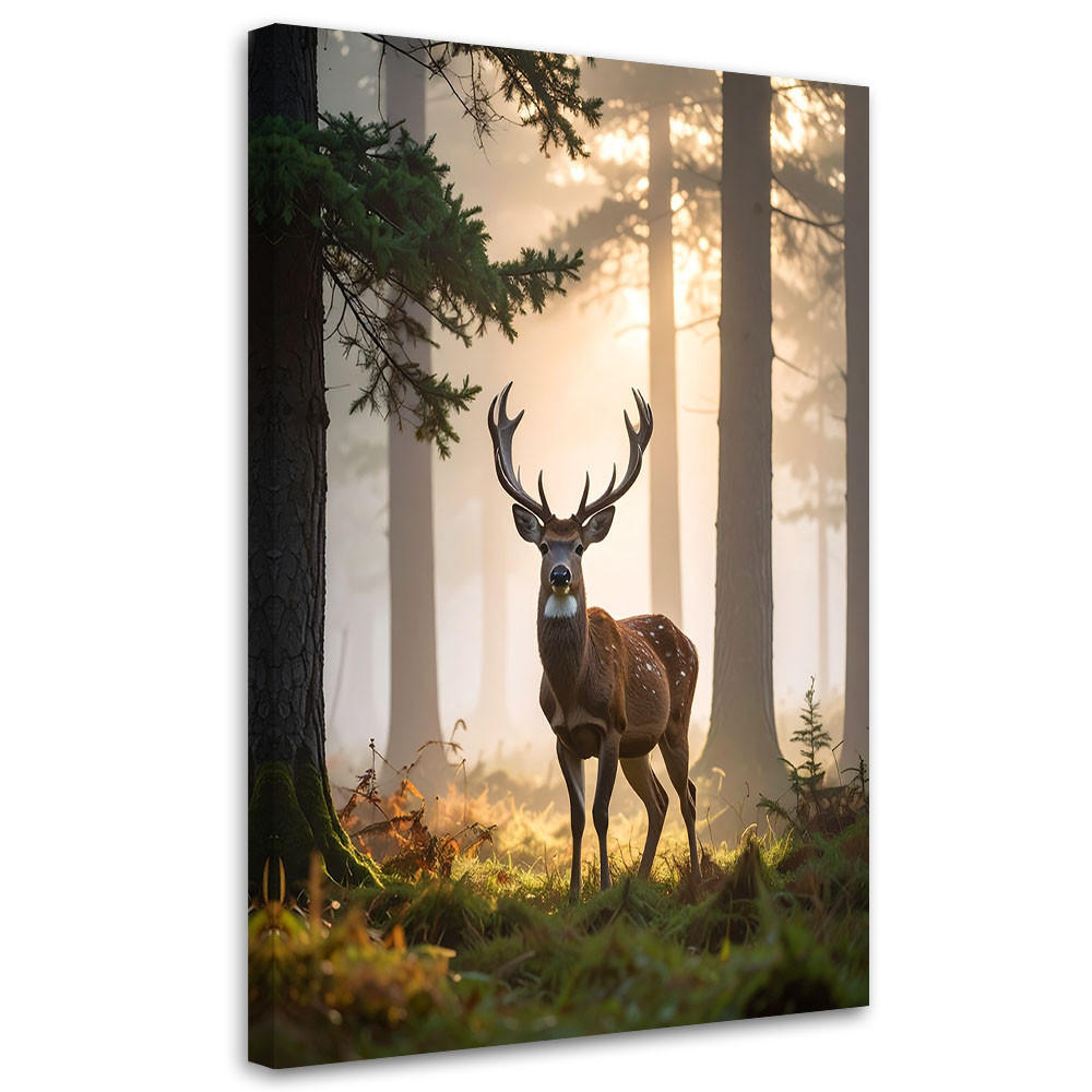 WANDBILD, Hirsch Wald im Nebel Landschaft - Grau, Textil (70/100cm) - Feeby