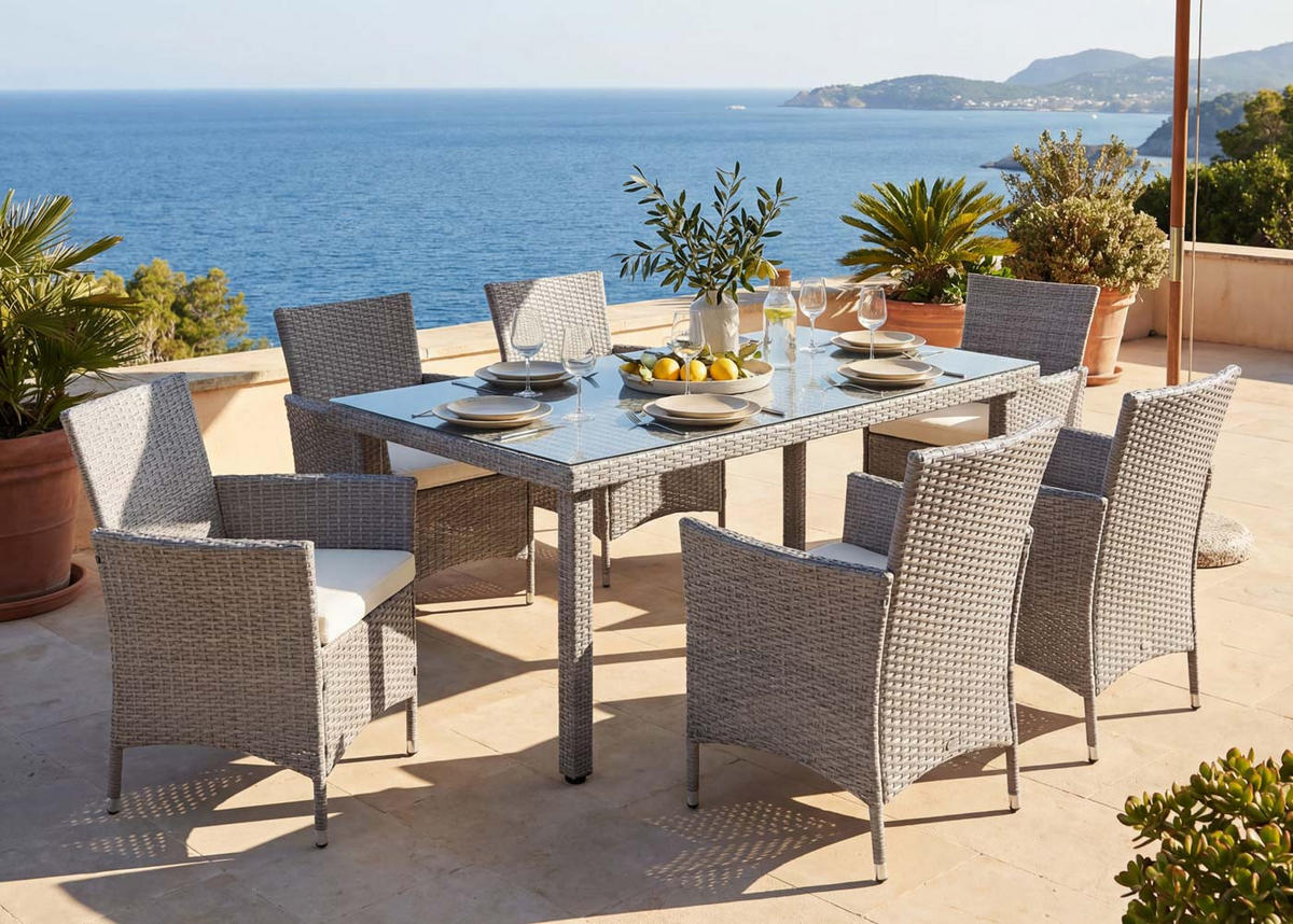 POLY-RATTAN-GARNITUR Grau, Cremeweiß - Weiß/Grau, Kunststoff - MCW