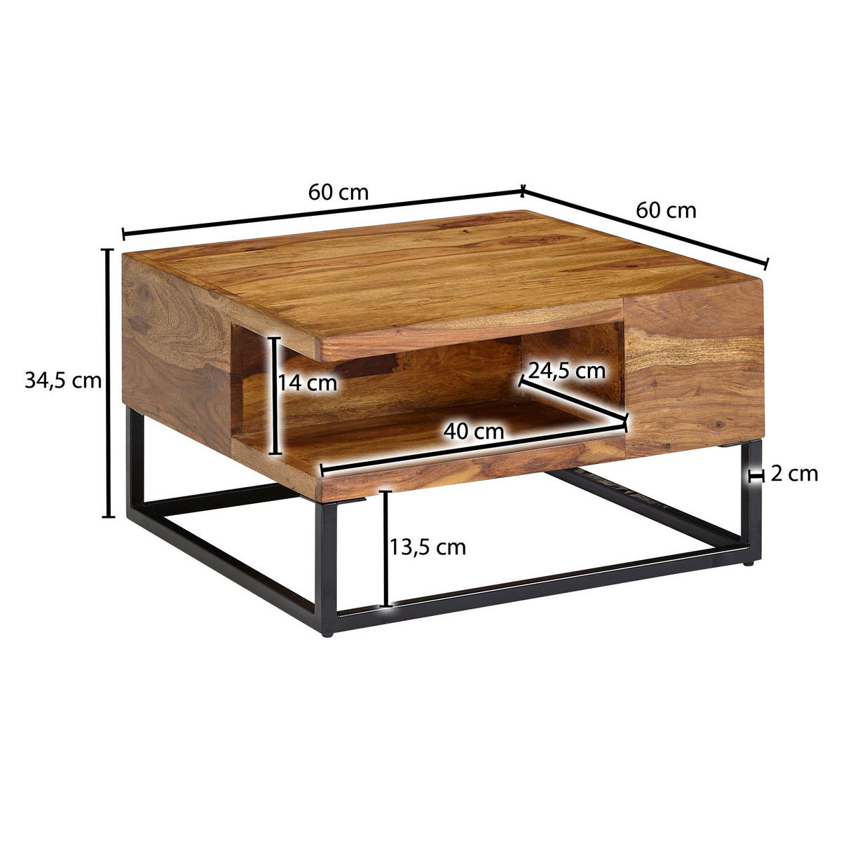 COUCHTISCH in Sheeshamholz mit Staufach, 60x60x34,5 cm, Industrial-Design - Schwarz/Braun, Holz/Metall (60/60/35cm) - KADIMA DESIGN
