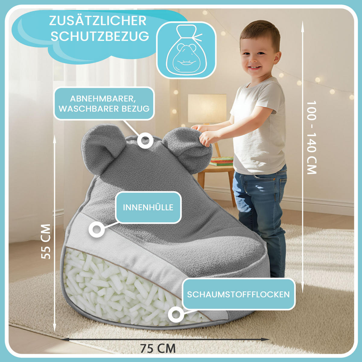 SITZSACK FÜR KINDER Maus 75/75/55 cm, weicher Bouclé 315 g/m², abnehmbarer Bezug, Pearl Grey - Hellgrau, Textil (75/55/75cm) - Dreamroots