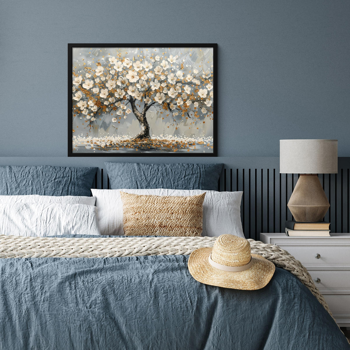 POSTER MIT RAHMEN Baum - Blumen - Weiß - Natur - Kunst 80x60 cm - Weiß, Papier (80/60cm) - MuchoWow