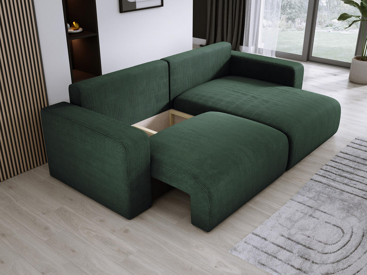 ECKSOFA Carl L-förmig Schlaffunktion und Bettkasten weicher Cordstoff flexibel stellbar lose Rückenkissen freistehend RECHTS 247x143x83cm Forest green - Waldgrün, Holz/Textil (247/143cm) - DomoHome