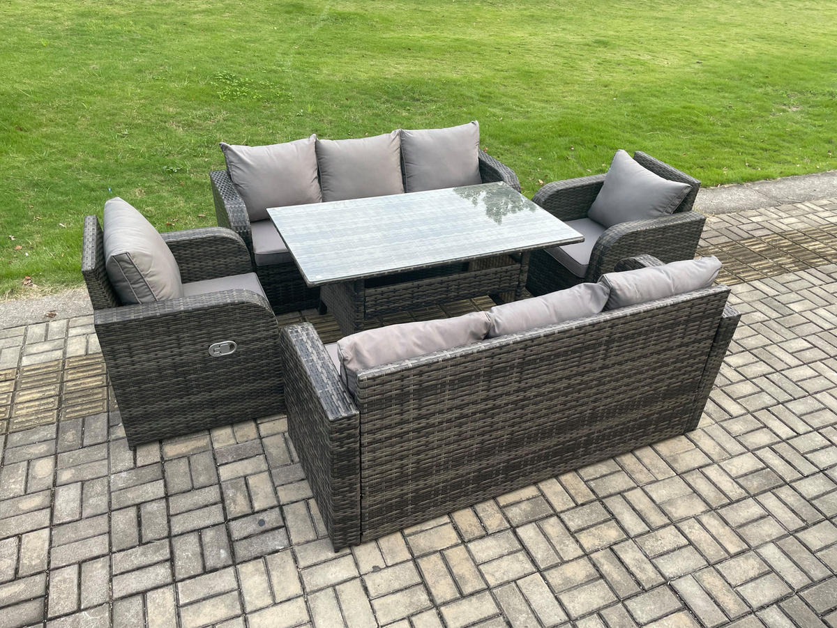 GARTENGARNITUR mit Liegestuhl,3-Sitzer Sofa,Zweisitzer Polyrattan Dunkelgrau 8-Sitzer - Dunkelgrau/Grau, Glas/Kunststoff - Fimous
