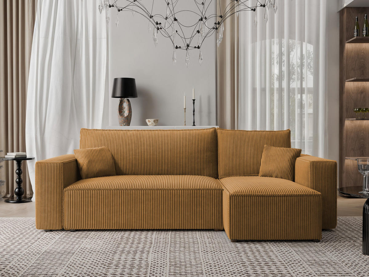 ECKSOFA PARIS mit Schlaffunktion und Bettkasten, Stoff Senfgelb - Currygelb, Kunststoff/Textil (244/145cm) - Idohome