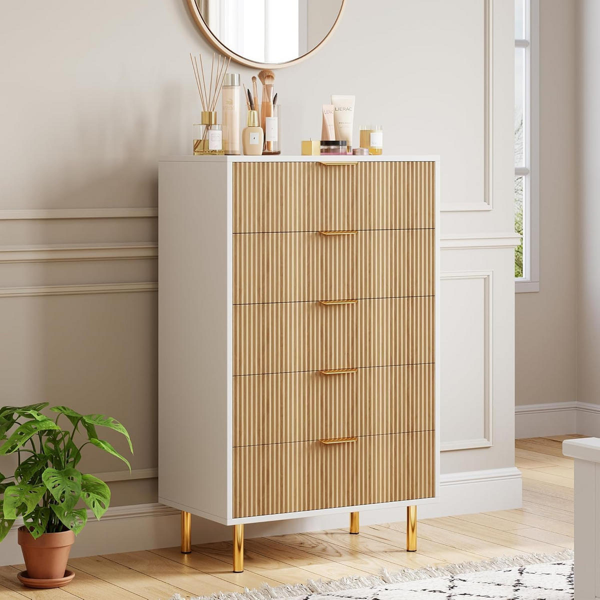 KOMMODE 5 Schubladen Stauraum khaki - Naturfarben, Holz (34/109.8/60cm) - Fortuna Lai