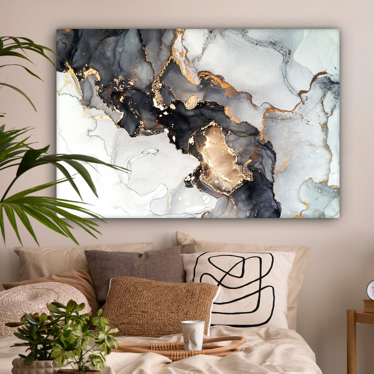 LEINWANDBILD Marmor - Schwarz - Weiß - Gold - Luxus - Abstrakt Wohnzimmer Groß 120x80 cm - Goldfarben, Textil (120/80cm) - MuchoWow