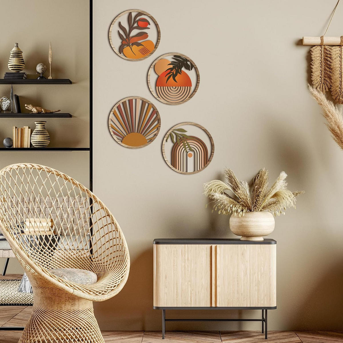 WANDDEKO Rund 19,5cm Holz Boho 4er Set - Akaziefarben, Holzwerkstoff (20/1cm) - Weltevree