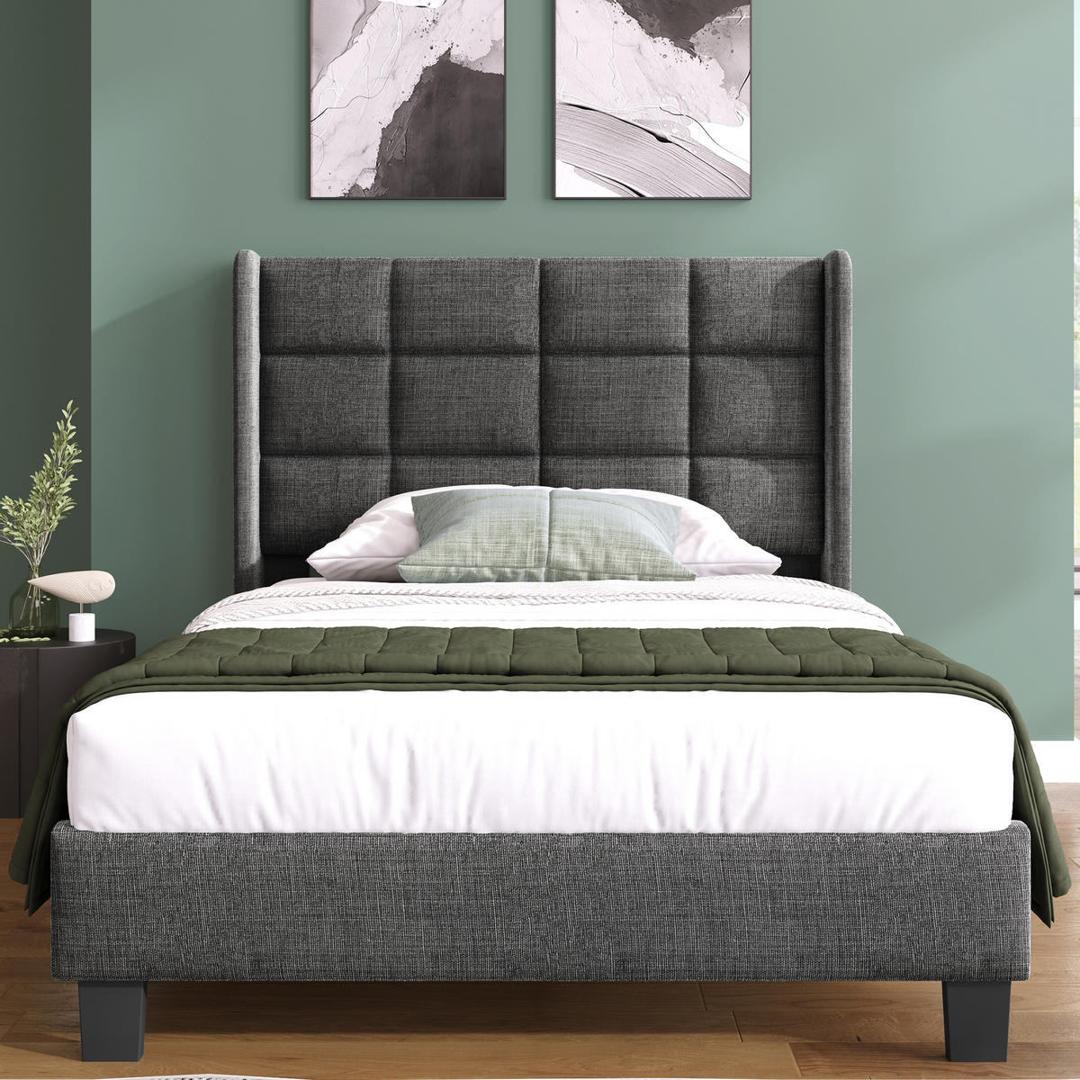 POLSTERBETT aus Leinen 90x200 cm Grau mit hohem Kopfteil und Lattenrost - Grau, Textil (90/200cm) - IVMEU