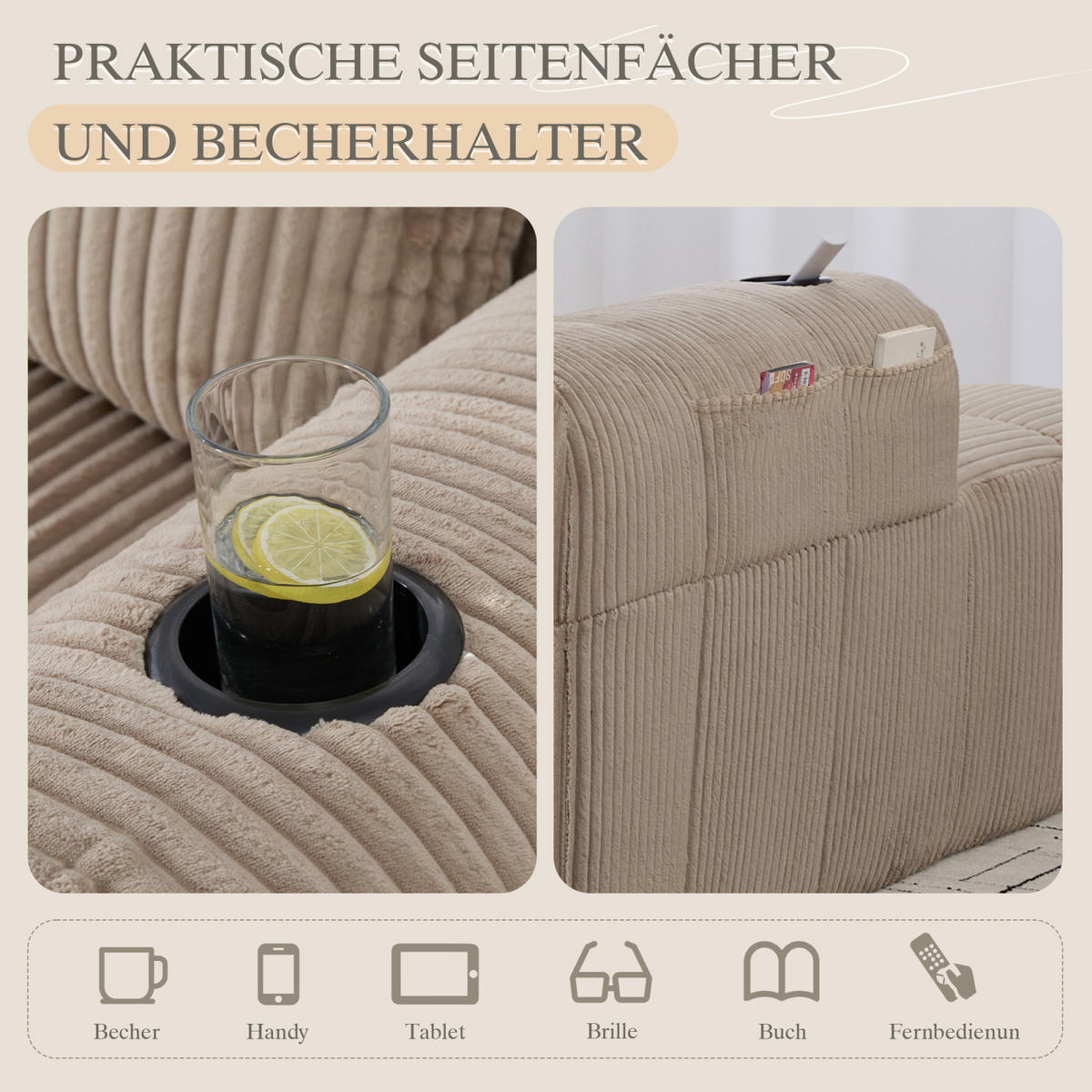 SOFA Khaki, Relaxsessel Cordbezug mit Getränkehalter und Stauraum - Braun, Textil (158/61/93cm) - PARAFTA HOME