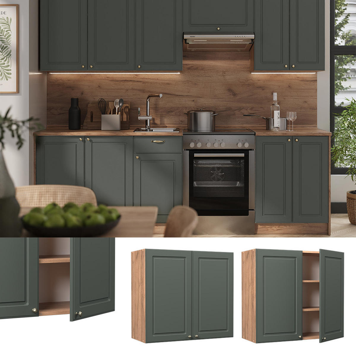 HÄNGESCHRANK Fame-Line, Grün-Gold Landhaus/Goldkraft Eiche, 80 cm - Honigeiche/Grün, Holzwerkstoff (80/72/34.1cm) - Vicco