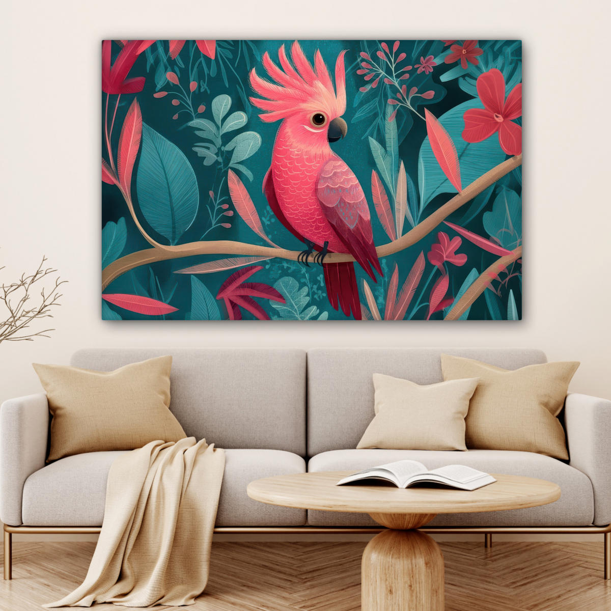 LEINWANDBILD Kakadu - Tropische Blätter - Zweig XXL 150x100 cm - Petrol, Textil (150/100cm) - MuchoWow