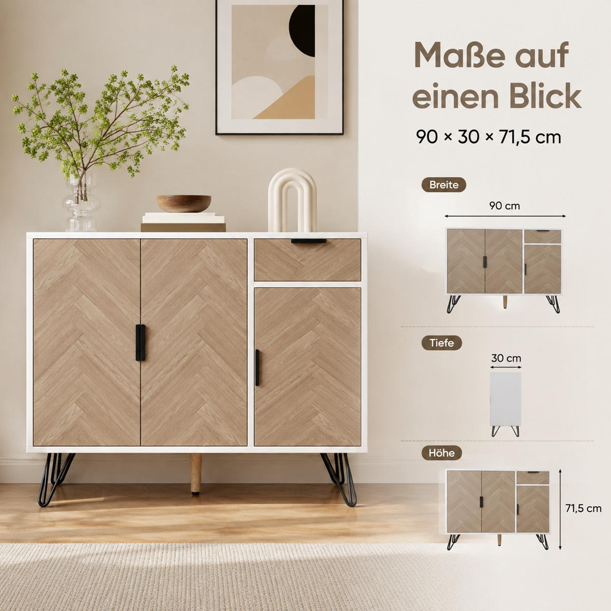 SIDEBOARD 90/30/71,5 cm z MDF a dřevotřísky, bílá v dekoru dřeva - přírodní, kompozitní dřevo (30/71.5/90cm) - Modenvie