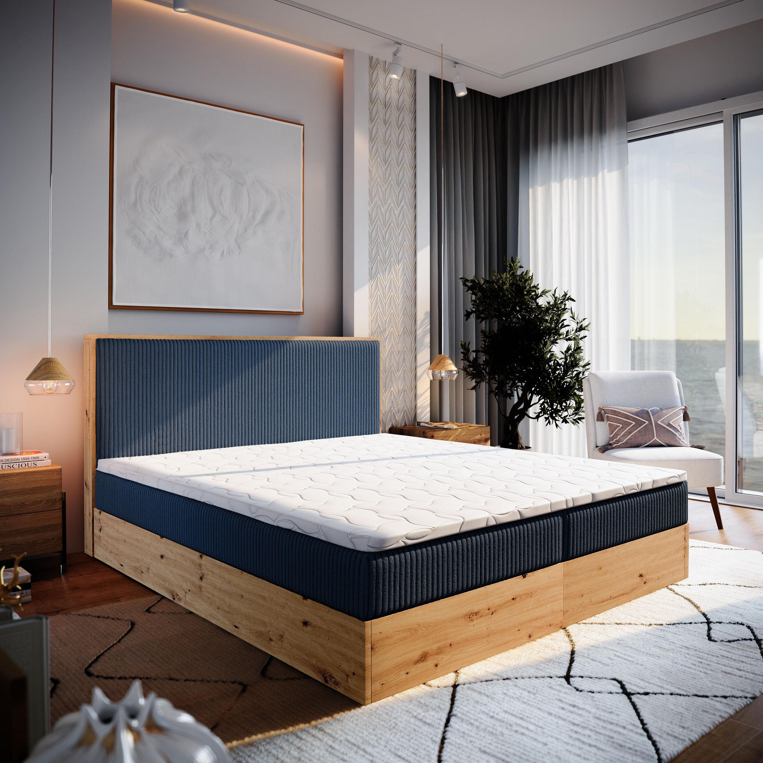 BOXBETT VERDON 160x200 cm mit Matratze und Topper - Blau - Blau, Holz (160/200cm) - MASSENO