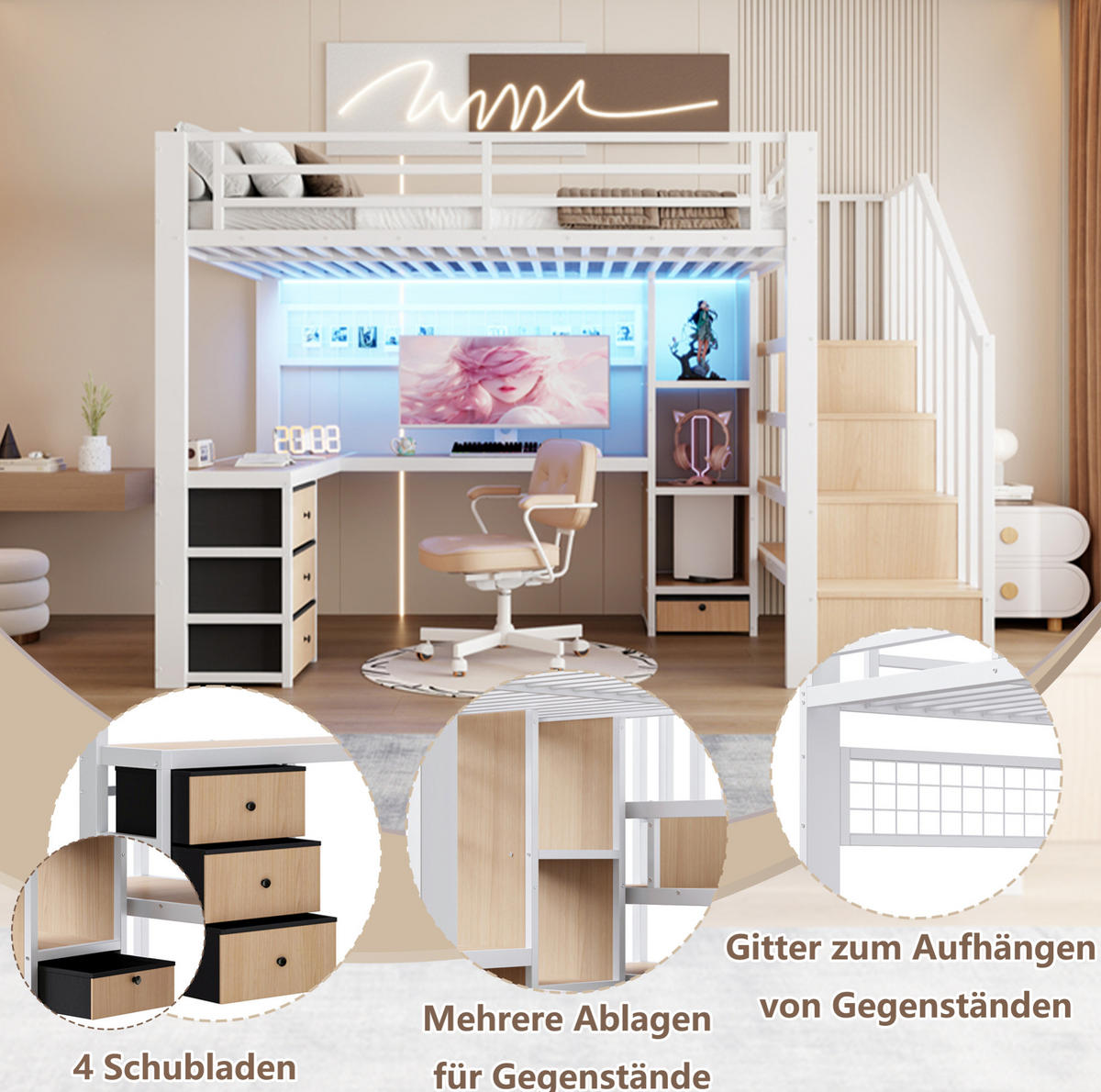 HOCHBETT 90/200 cm weiß aus Metall und MDF mit Schreibtisch und LED - Weiß, Metall (90/200cm) - OKWISH