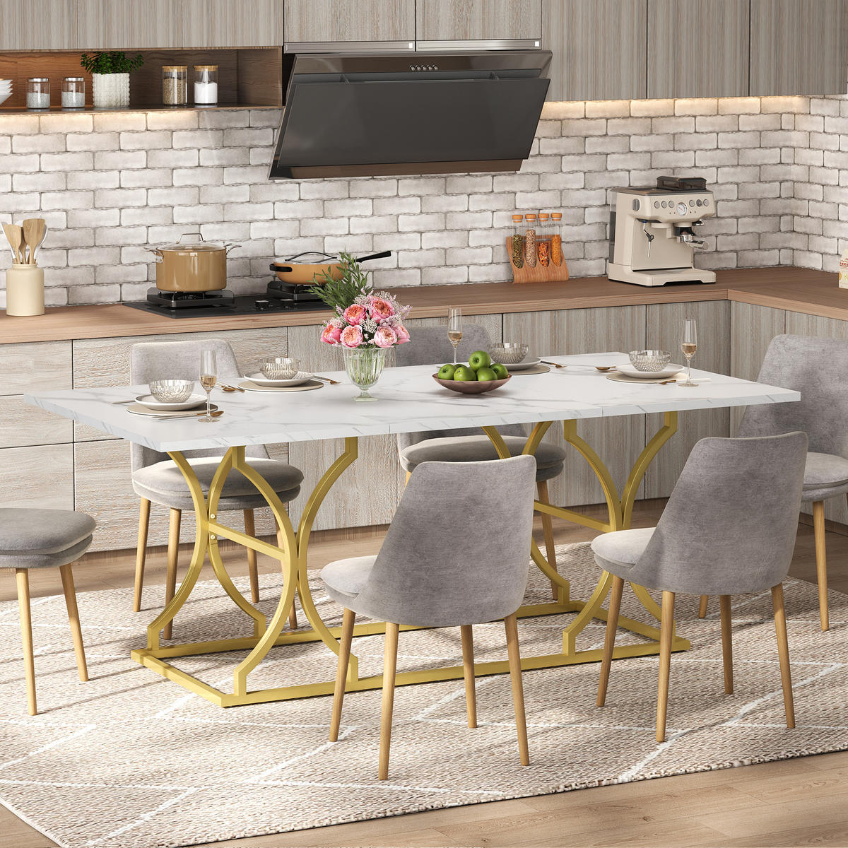 ESSTISCH Weiß + Gold mit Metallbeinen und verstellbaren Fußgleitern 200/80/76 cm - Weiß, Holz (80/200/76cm) - Oxeza