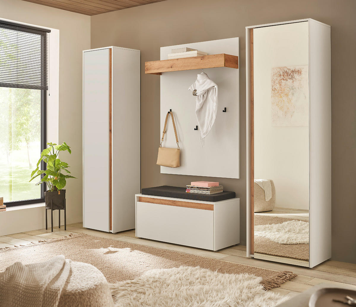 GARDEROBENSCHRANK weiß, Eiche Wotan 60 cm, Schuhschrank mit Spiegel - Eiche Wotan/Schwarz, Holzwerkstoff/Kunststoff (60/200/40cm) - Furn.Design