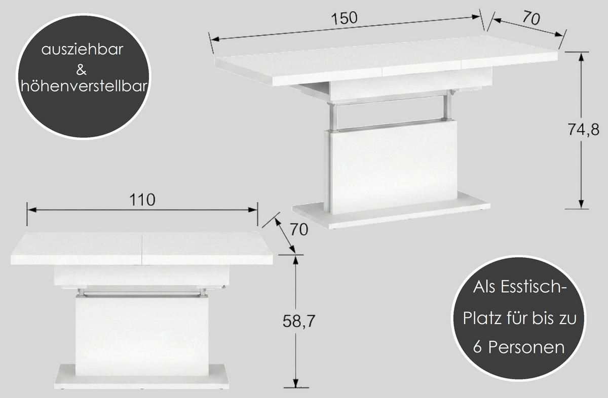 COUCHTISCH rechteckig ausziehbar höhenverstellbar 110/70/58 cm - Eichefarben, Holzwerkstoff (70/110/58cm) - designimpex