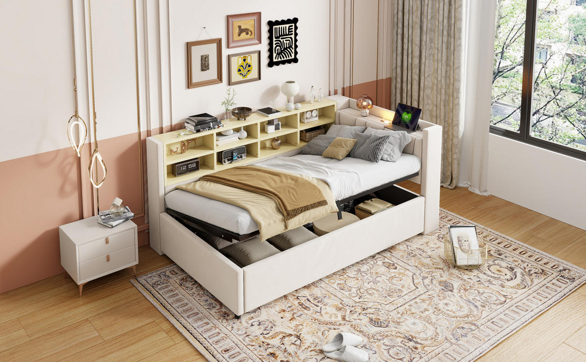 POLSTERBETT 90/200 cm Beige aus Samt mit Stauraum und Ladeanschlüssen - Beige, Textil (90/200cm) - OKMYHOME