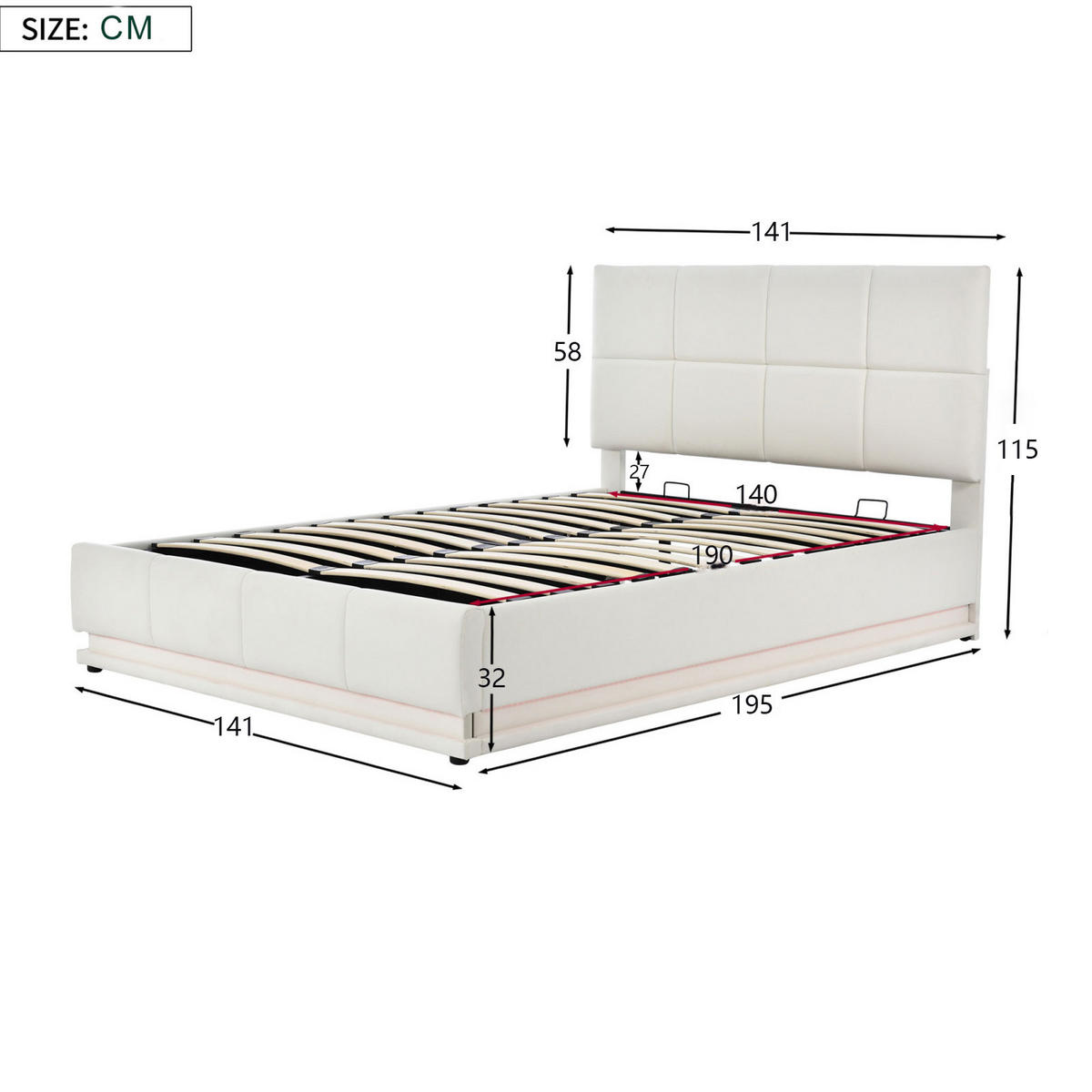 POLSTERBETT 140x190 cm LED Stauraum Lattenrost PU Kopfteil weiß - Weiß, Holz (140/190cm) - LEBENLANG