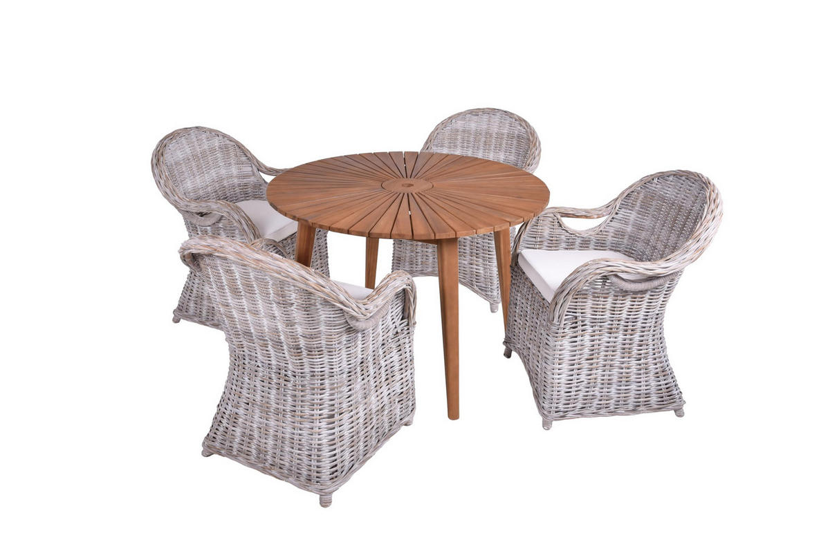 GARTEN-SITZGRUPPE Elodie 5-teilig Rattan Grau Gartenmöbel-Set - Grau, Holz - DELUKE