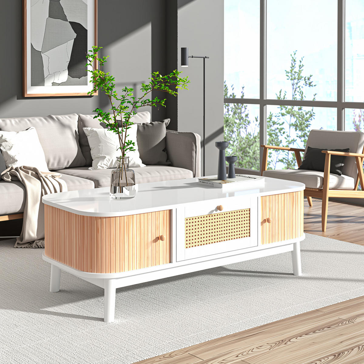 COUCHTISCH weiß & holz-optik mit rattan-schublade & massivholz-schiebetüren - Weiß, Holzwerkstoff (55/110/38.5cm) - Urban Meuble