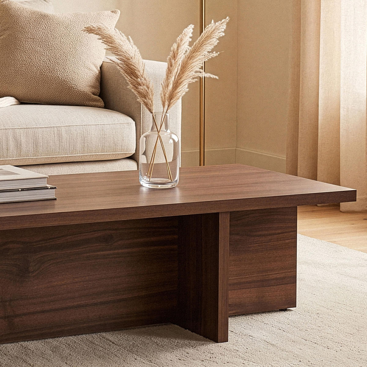 COUCHTISCH mit rechteckiger Platte und asymmetrischem Fuß L120 cm - HARBOR - Naturfarben, Holzwerkstoff (50/45/30cm) - Calicosy