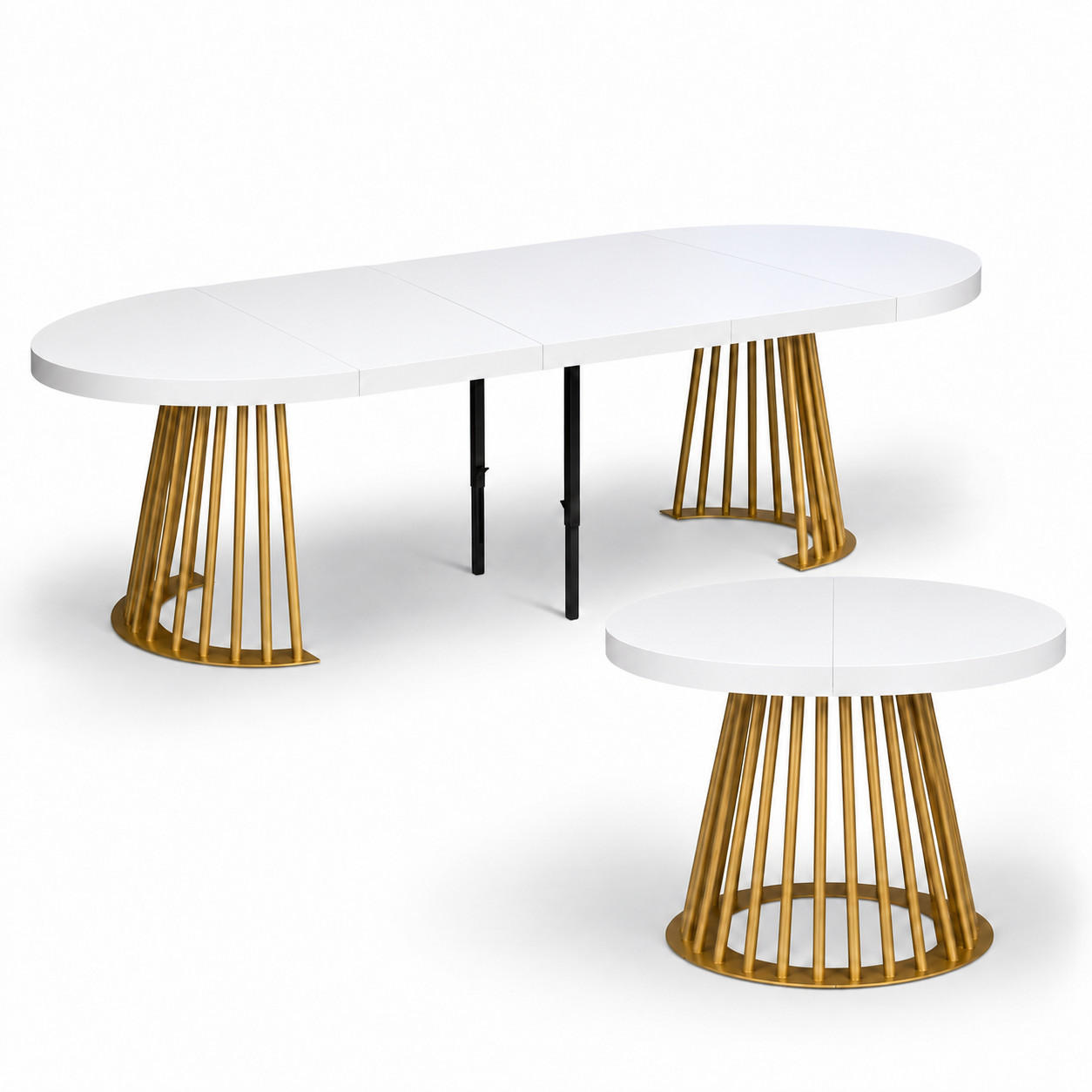 ESSTISCH rund ausziehbar 110/310/76 cm, Weiß, 54 cm Tischplatte + Lamellen-Metallgestell Gold - Goldfarben/Weiß, Holzwerkstoff/Metall (110/310/76cm) - Damale Möbel