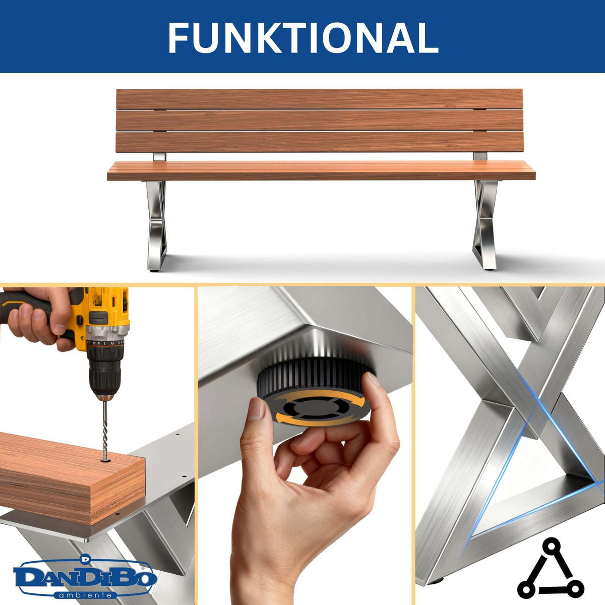 BANKGESTELL mit Lehne Edelstahl Set DIY Bank - Edelstahlfarben, Metall (45/76/6cm) - DanDiBo