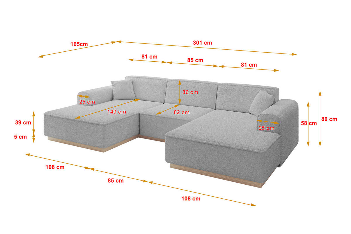 WOHNLANDSCHAFT IREA-U1 - 301x165x80 cm Hellgrau - Hellgrau, Holzwerkstoff/Textil (301/80/165cm) - ALTDECOR
