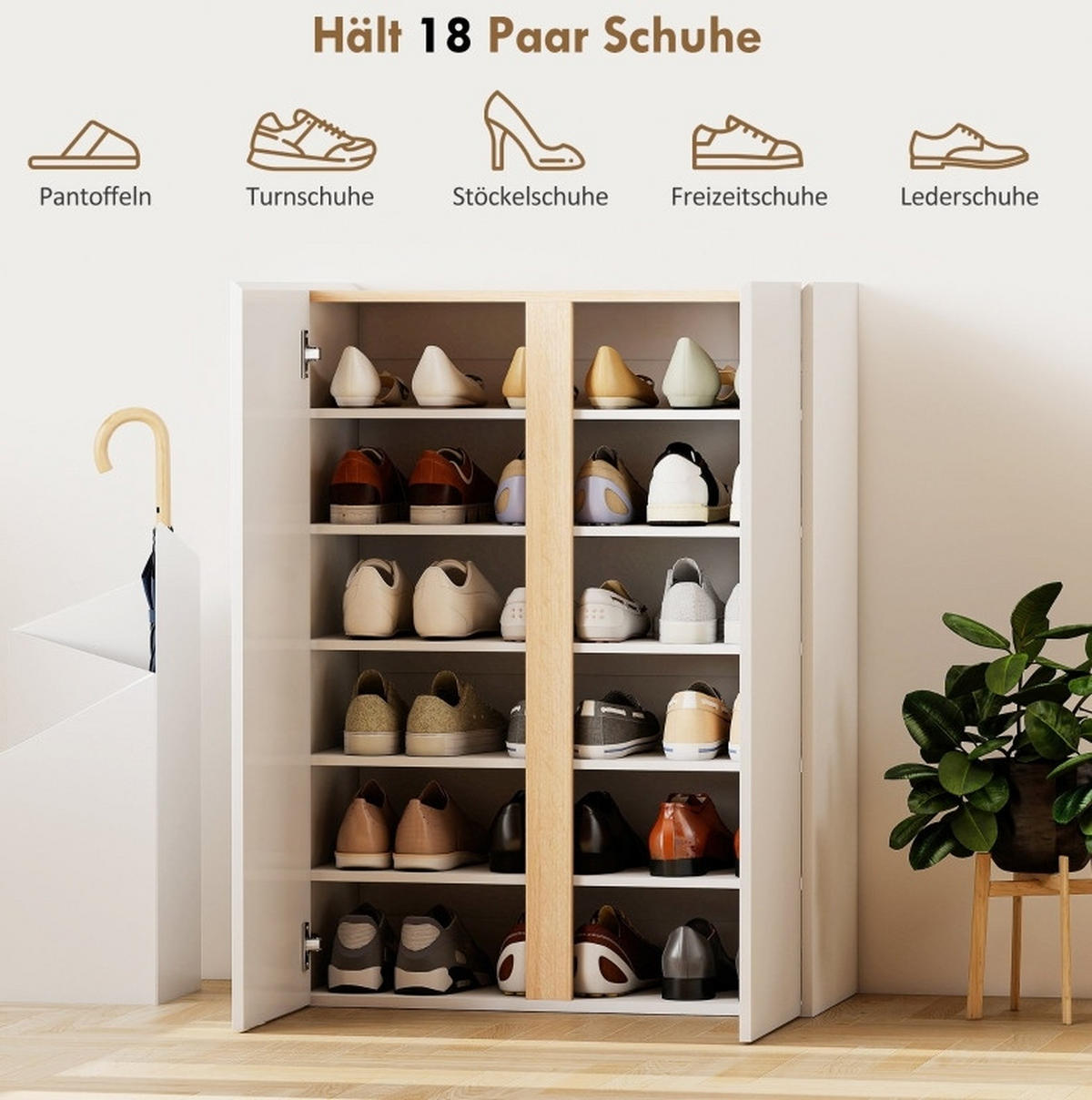 SCHUHSCHRANK grifflos mit Soft-Close-Türen, 6 Ebenen, bis ca. 18 Paare - Weiß, Holz (70/95/35cm) - BEAOK
