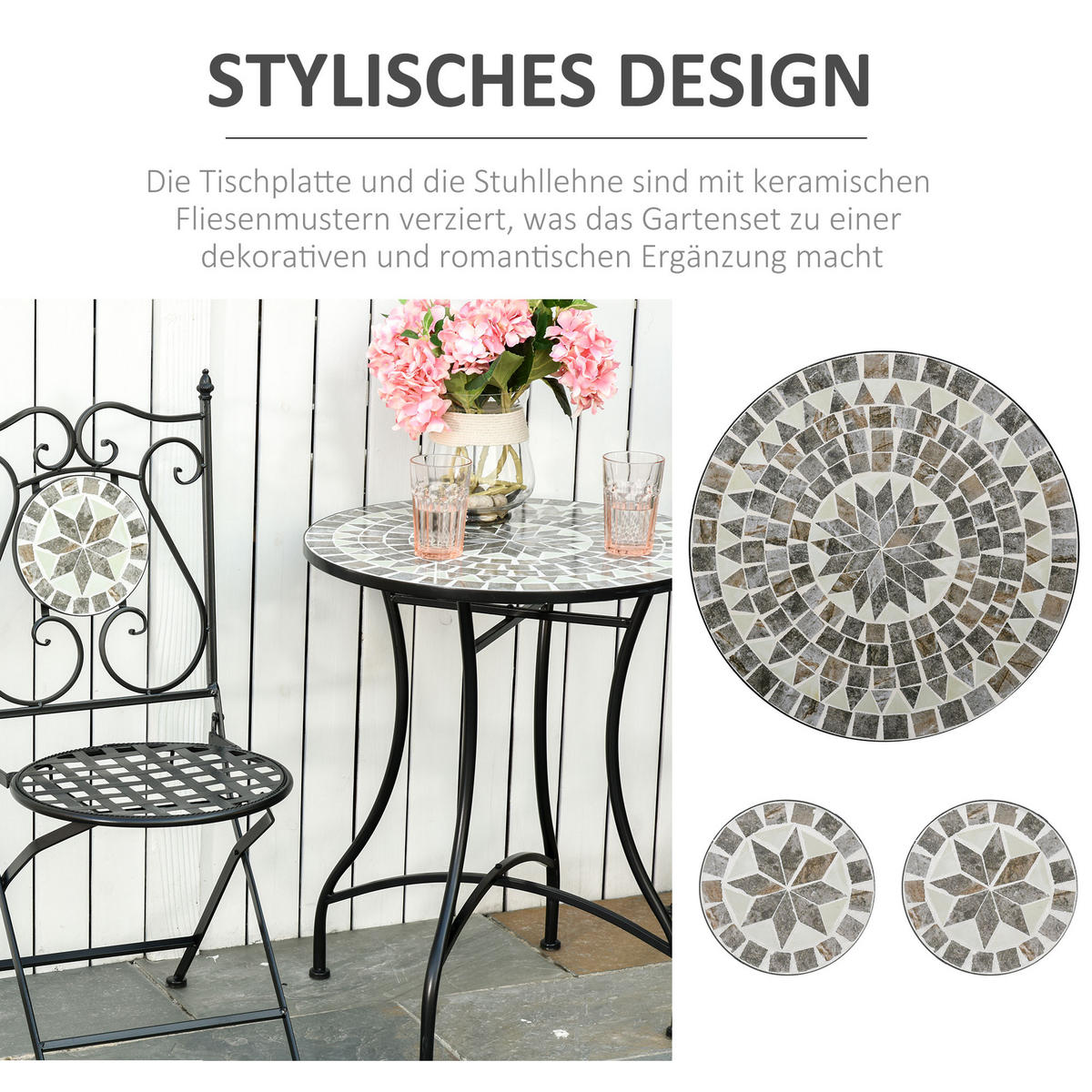 GARTEN Sitzgruppe, 1 Tisch+2 faltbare Stühle, Metall Keramikfliese, Mehrfarbing - Schwarz/Grau, Keramik/Metall - Outsunny