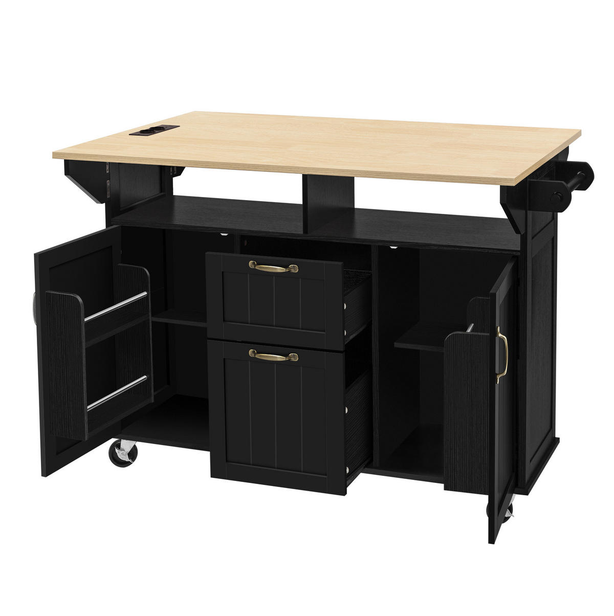 KUECHENINSEL mit Klapptisch 120 cm Schwarz/Natural - Schwarz, Holz (80/92/120cm) - Beauniv