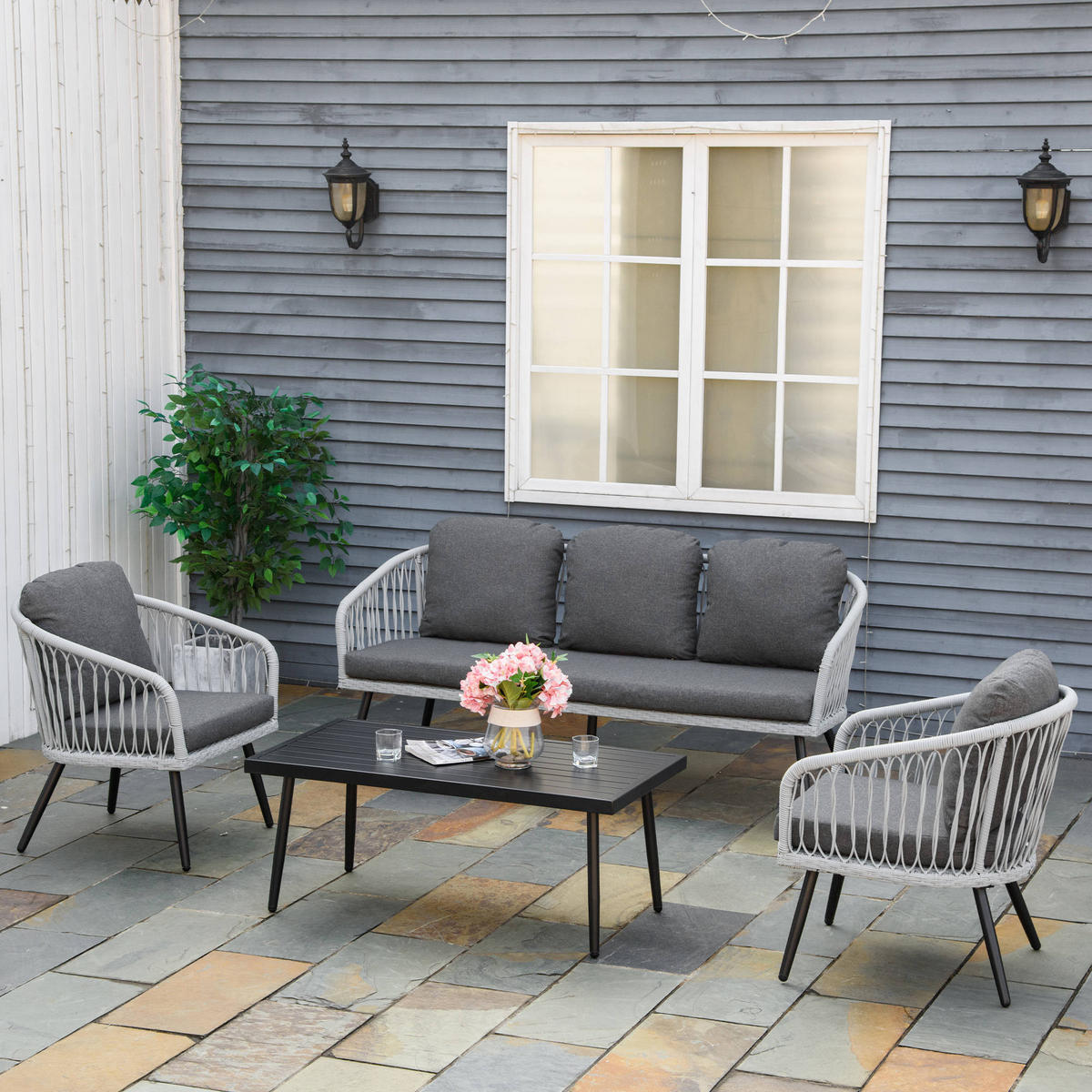 POLYRATTAN Gartenmöbel Set mit Sofa Kissen Aluminium Grau - Grau, Kunststoff - Outsunny