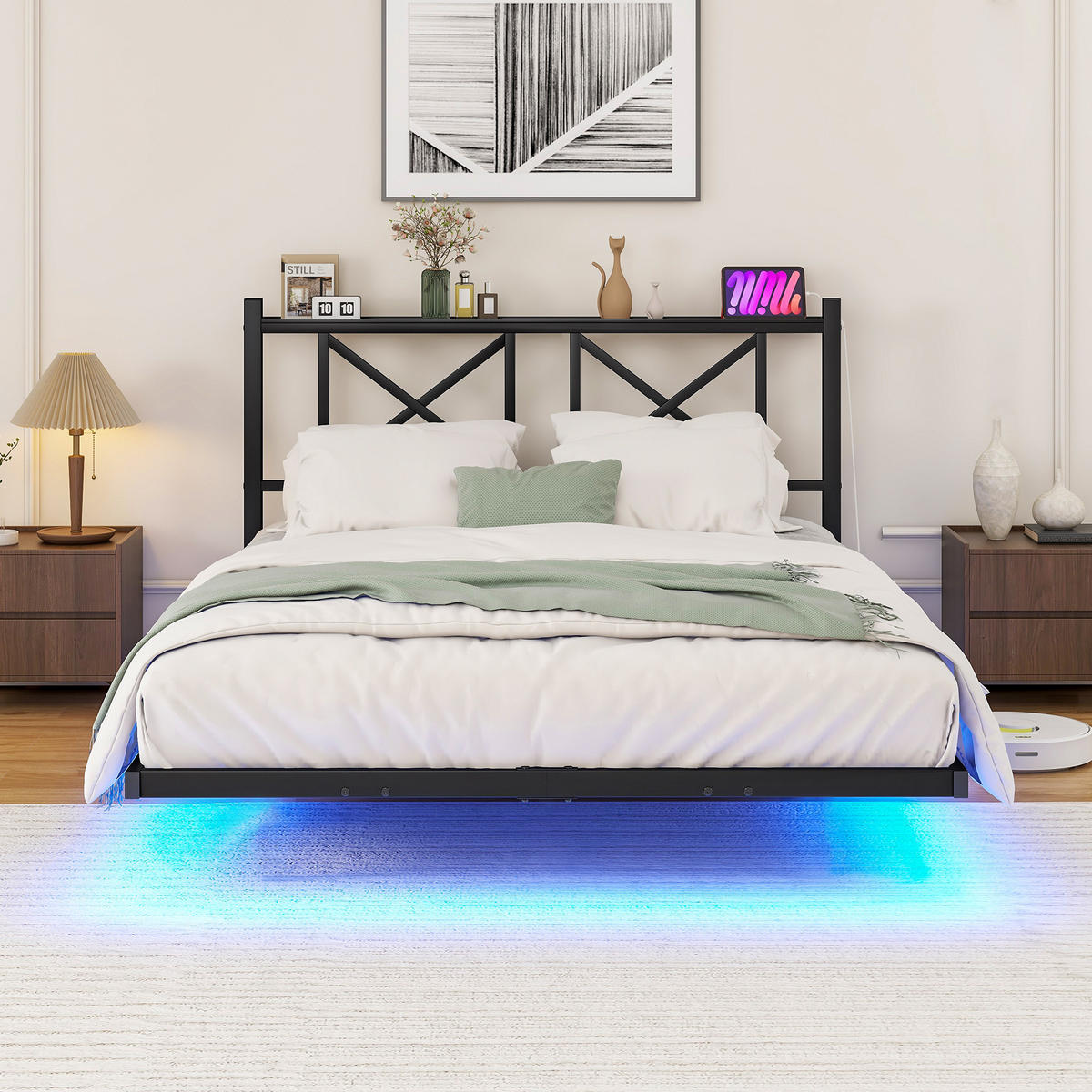 METALLBETT 120x200 cm LED USB Kopfteil - Schwarz, Metall (120/200cm) - Fortuna Lai