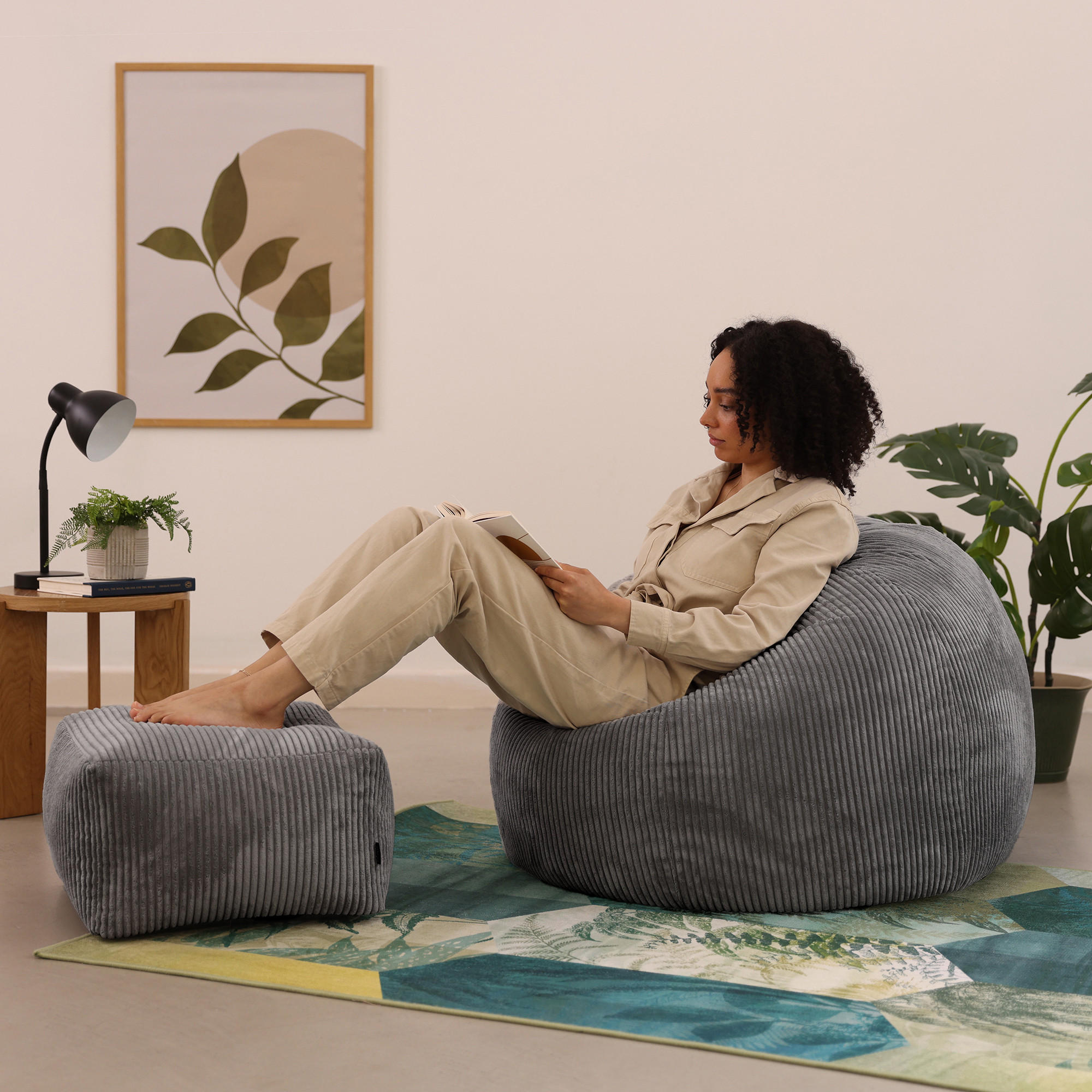 SITZSACK Klassisch + Hocker, Cord - Grau, Kunststoff/Textil (85/50/85cm) - icon