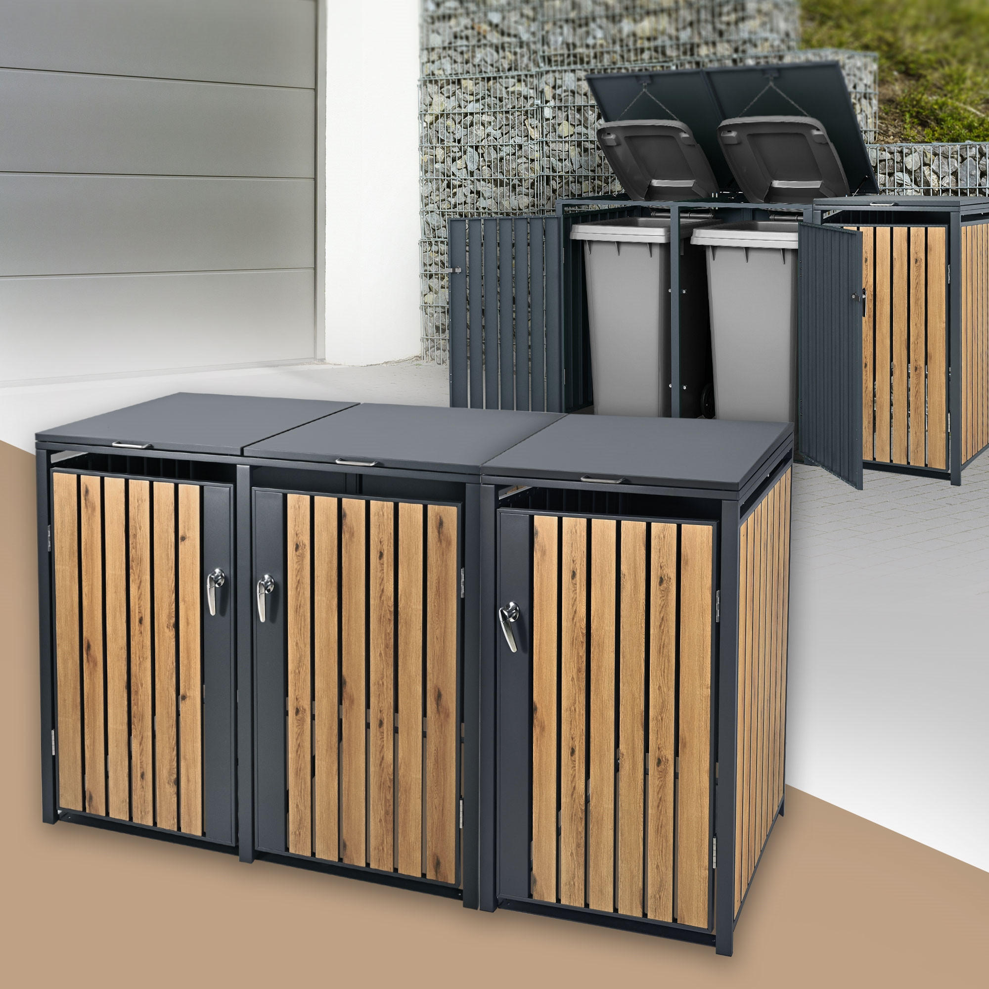MÜLLTONNENBOX 3er Anthrazit-Eichenoptik - Graubraun, Metall (80/116.3/200cm) - ML-DESIGN