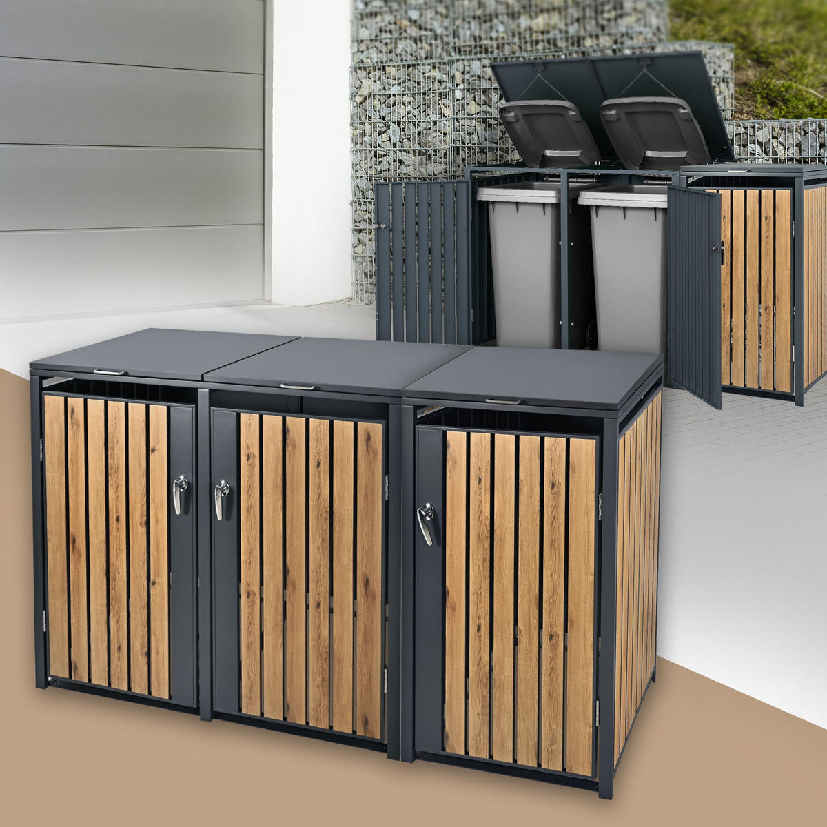 MÜLLTONNENBOX 3er Anthrazit-Eichenoptik - Graubraun, Metall (80/116.3/200cm) - ML-DESIGN
