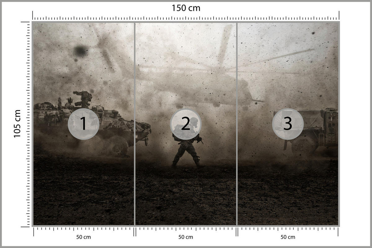 FOTOTAPETE für Jugendzimmer Wüste Militär Hubschrauber Panzer 150x105 - Beige/Schwarz, Papier (150/105cm) - Muralo