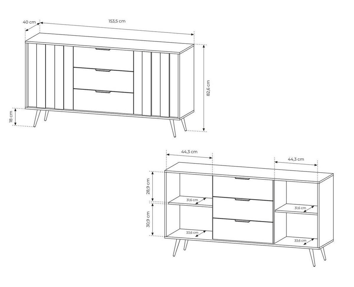 KOMMODE mit Schubladen 154 cm Resta, Metallbeine, 2 Türen, Eiche Dunin - Eichefarben/Schwarz, Holz/Metall (154/83/40cm) - Emporius