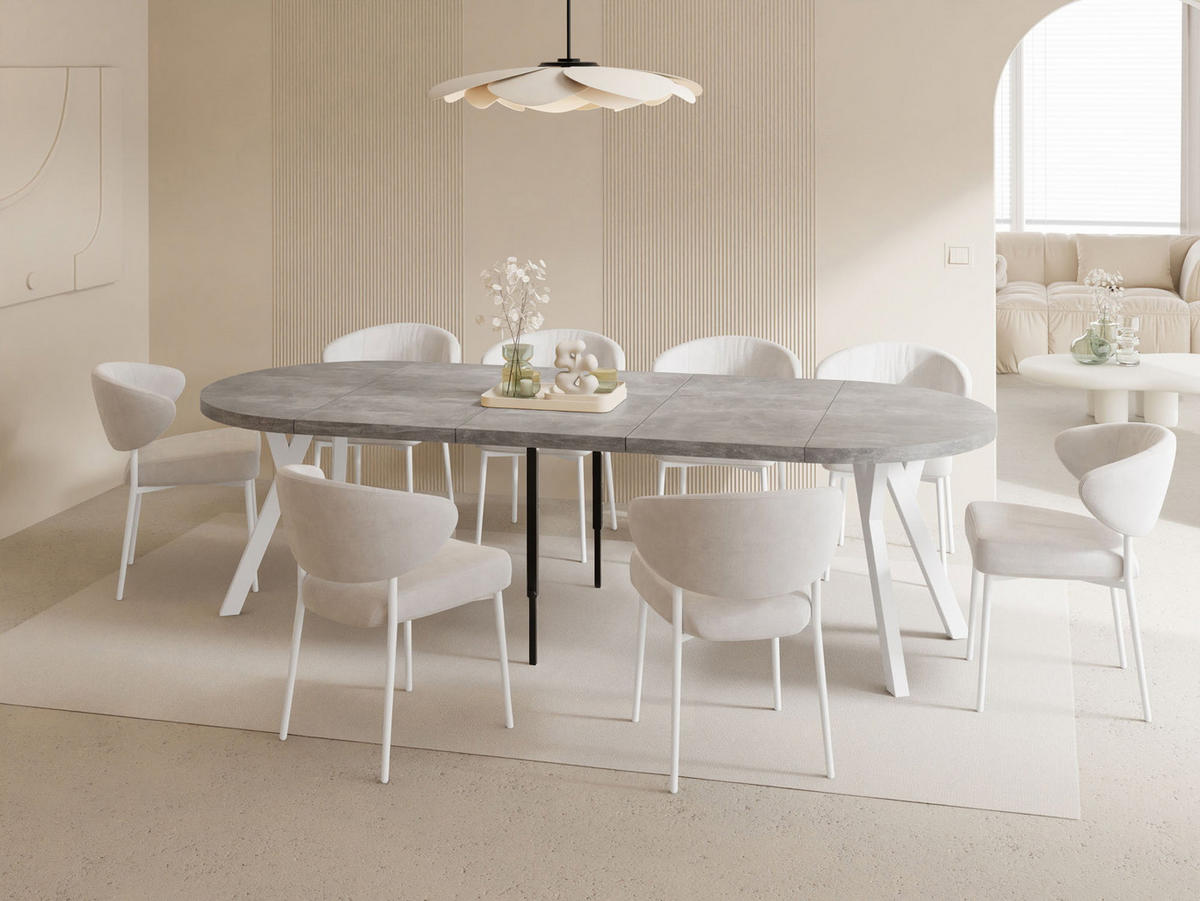 ESSTISCH Twixy XXL groß rund oval ausziehbar, Grauer Beton 100-250/100/76 cm - Hellgrau/Weiß, Holz/Holzwerkstoff (100/250/76cm) - WFL GROUP