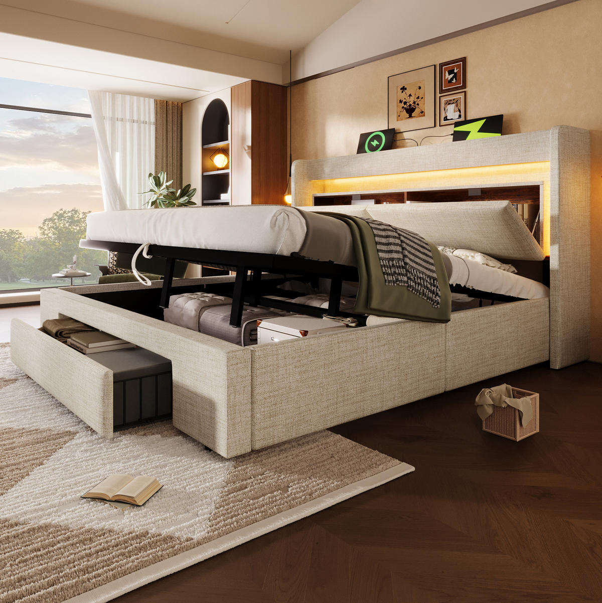 POLSTERBETT mit Stauraum, LED und USB 160x200 cm Leinen Beige inkl. Matratze - Beige, Metall (160/200cm) - Meubliv