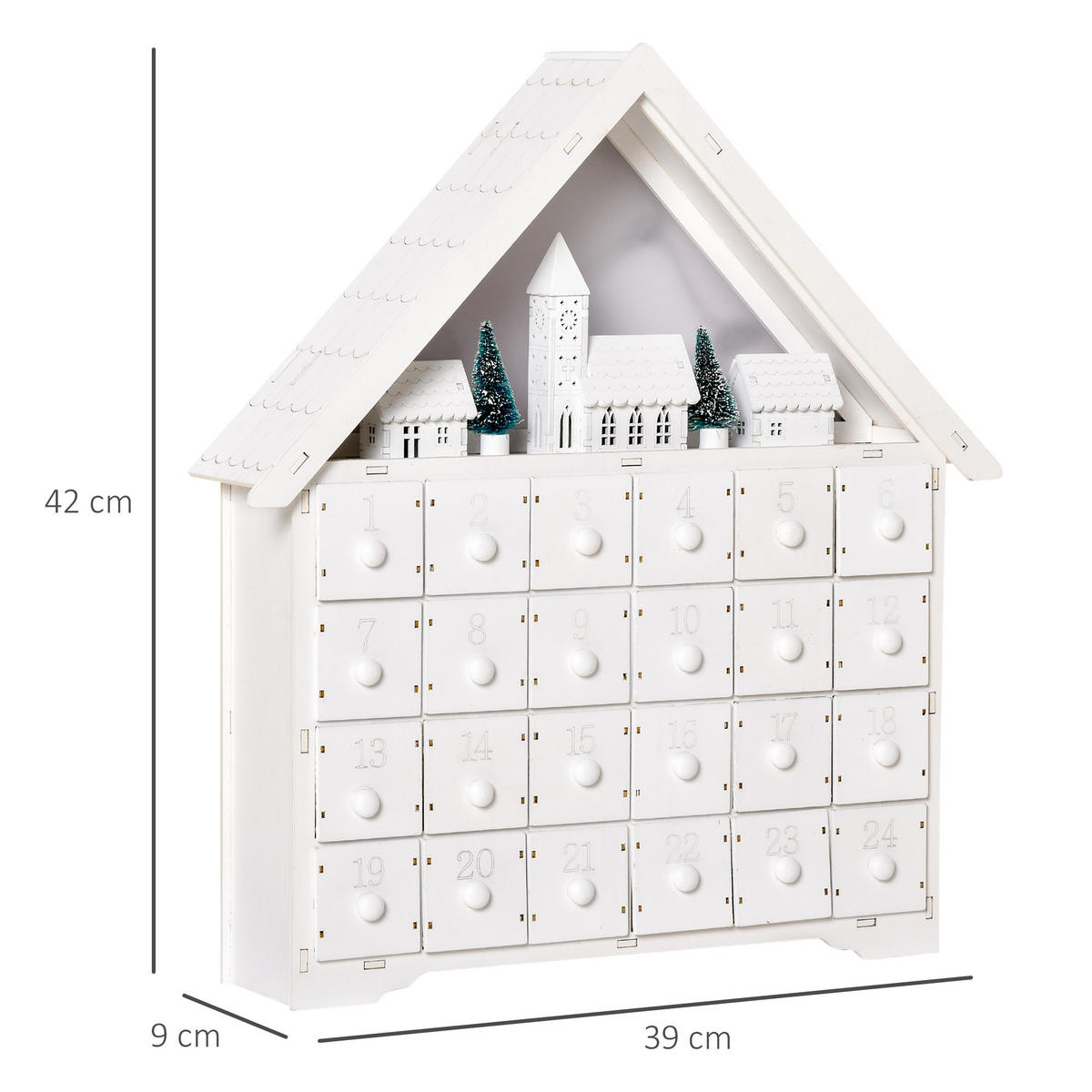 ADVENTSKALENDER zum Befüllen, mit LED-Lichtern, 2-in-1-Design - Weiß, Holz (9/42/39cm) - HOMCOM