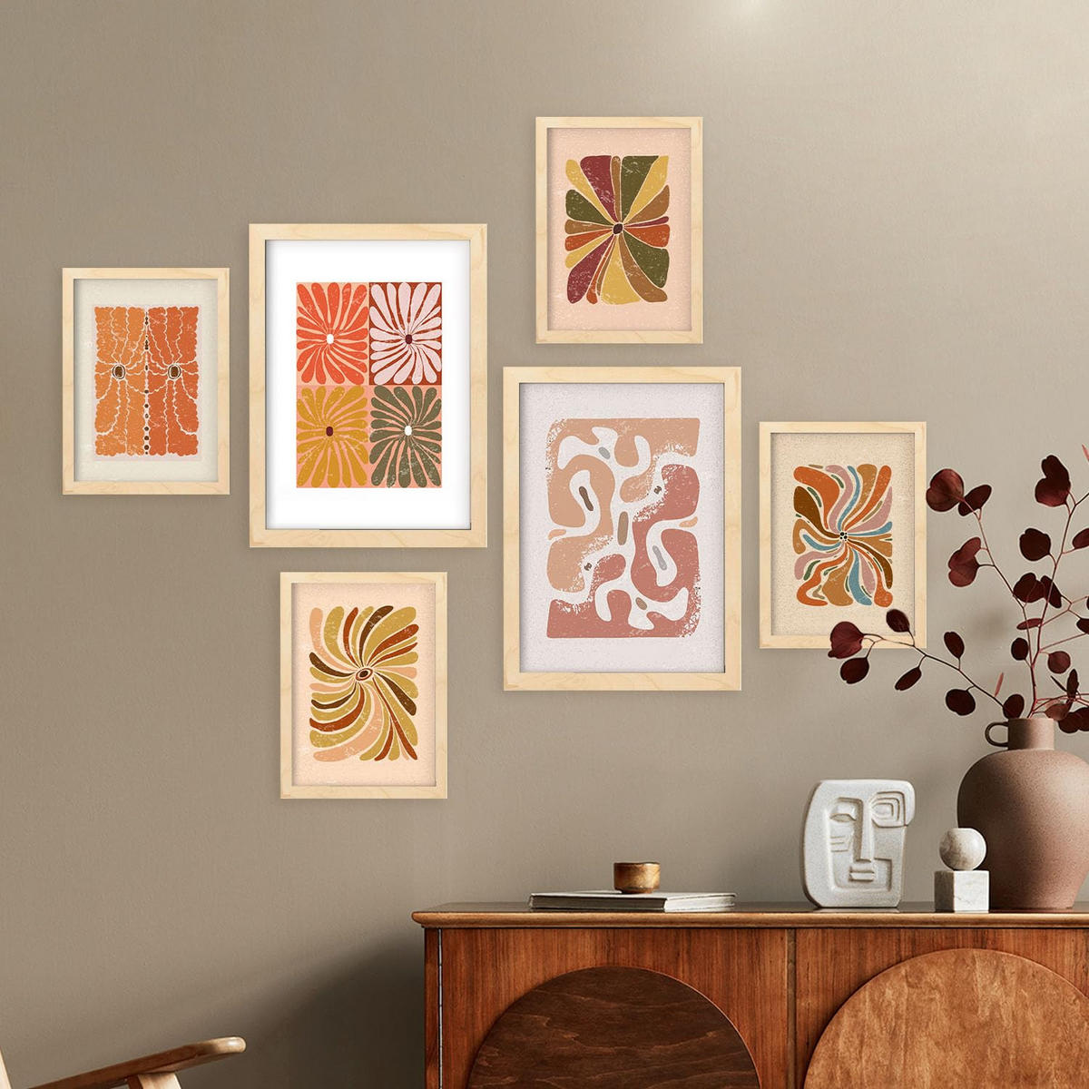 POSTER Set Mit 6 Drucken Abstrakter Blume Ethnischens Dekorative Rahmen Für Ihr Wohnzimmer Zuhause Wandkunstdruck A3 & A4 Rahmen Aus Hellem Holz - Beige, Papier (29/3cm) - Nacnic