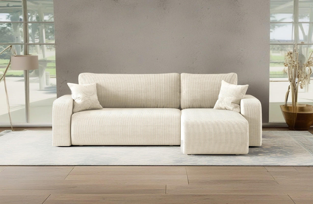 ECKSOFA L-FORM Schlaffunktion Und Bettkasten Eckcouch MILANO L Stoff Dicker Cord Ecru Rechts - Ecru, Holz/Textil (244/142cm) - Kaiser Möbel