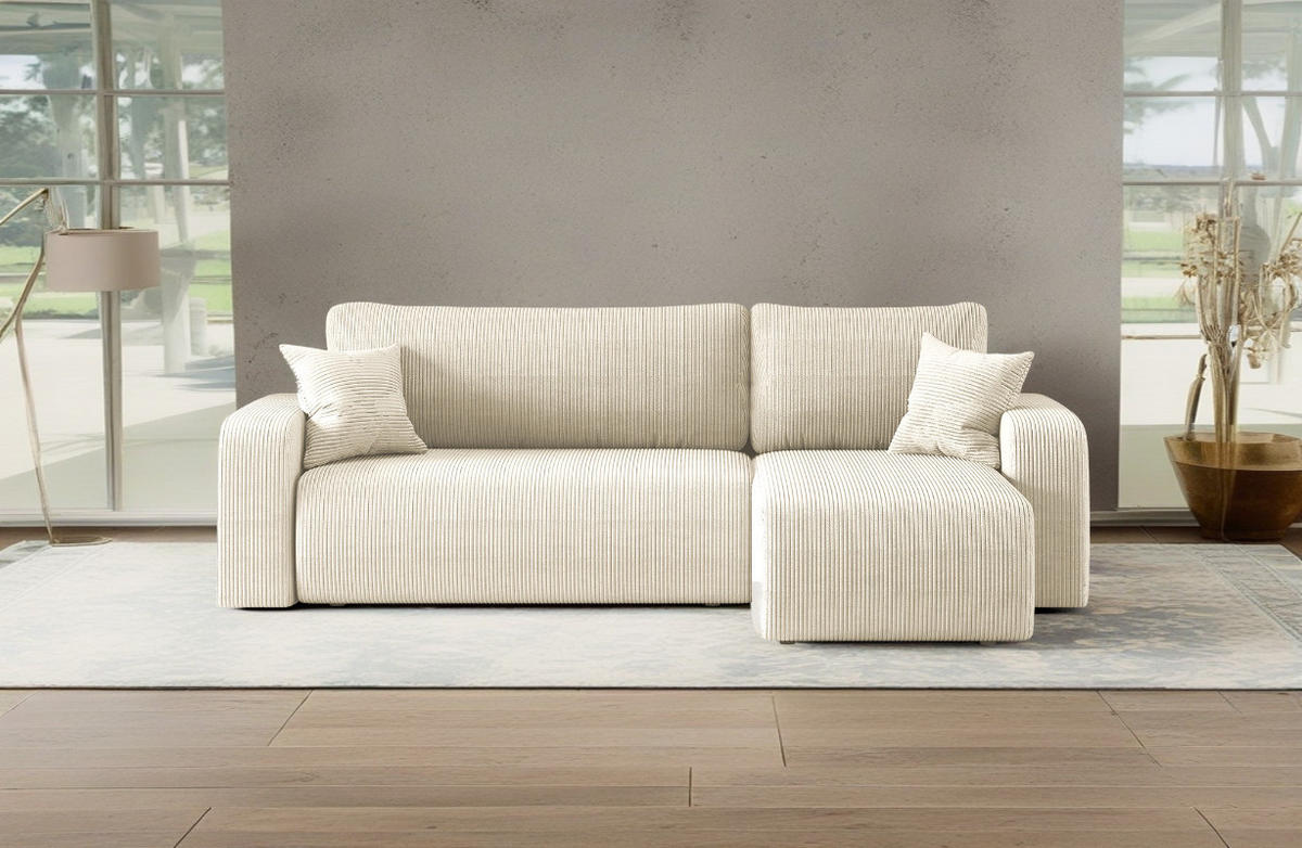 ECKSOFA L-FORM Schlaffunktion Und Bettkasten Eckcouch MILANO L Stoff Dicker Cord Ecru Rechts - Ecru, Holz/Textil (244/142cm) - Kaiser Möbel