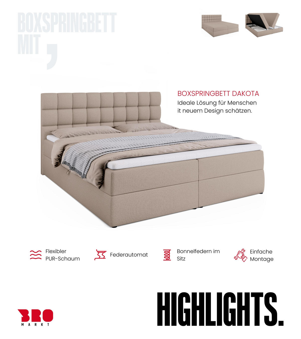 BOXBETT Dakota mit Topper 180/200 Beige - Beige, Textil (180/200cm) - Bromarkt