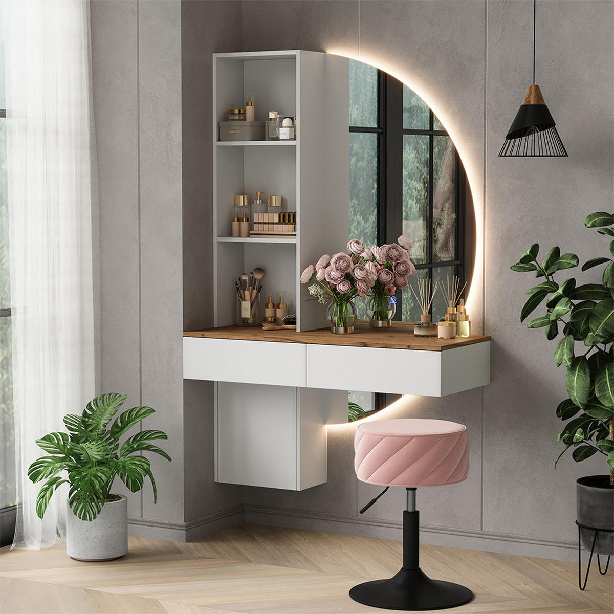 SCHMINKTISCH Melora Weiß/Eiche 100 cm mit LED-Spiegel - Weiß, Holzwerkstoff (100/155/40cm) - Vicco