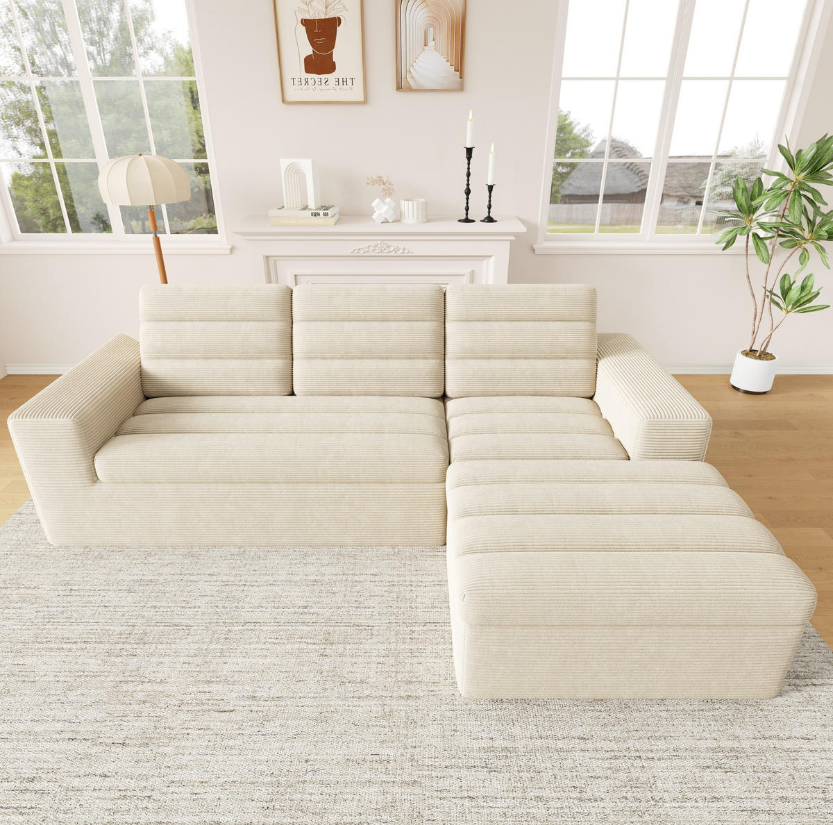 SOFA Modulares Ecksofa 253 x 161 x 89 cm Beige Cord - Beige, Kunststoff (161/253cm) - Meubliv